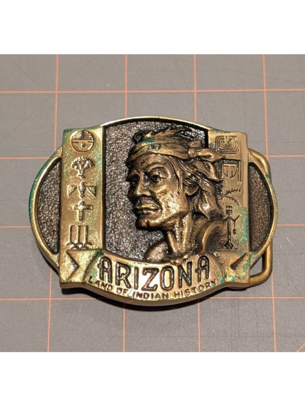 Vintage Arizona Solid Brass Belt Buckle Native American Design Suede Pouch - Picture 5 of 13